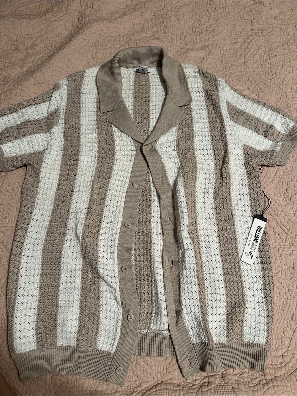 William Rast Cream and Tan Striped Short Sleeve Cardigan Sweater